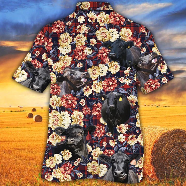 Black Angus Cattle Lovers Red Plaid Pattern Hawaiian Shirt/ Unisex Print Aloha Short Sleeve Casual Shirt
