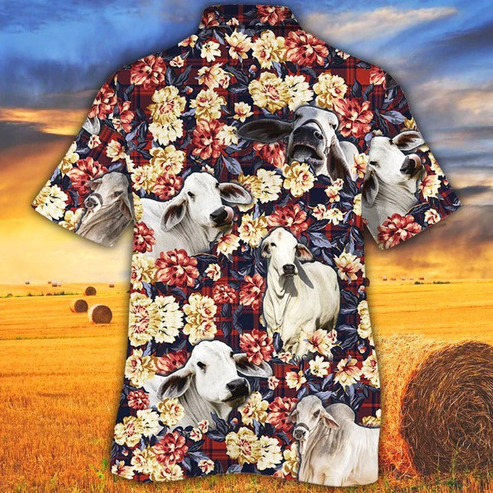 Brahman Cattle Lovers Red Plaid Pattern Hawaiian Shirt/ Unisex Print Aloha Short Sleeve Casual Shirt