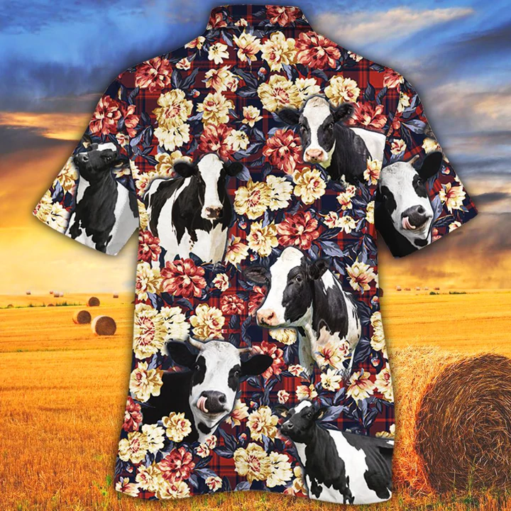 Holstein Friesian Cattle Lovers Red Plaid Pattern Hawaiian Shirt men/ Cow Hawaiian Shirt/ Summer Hawaiian shirt/ Animal shirt