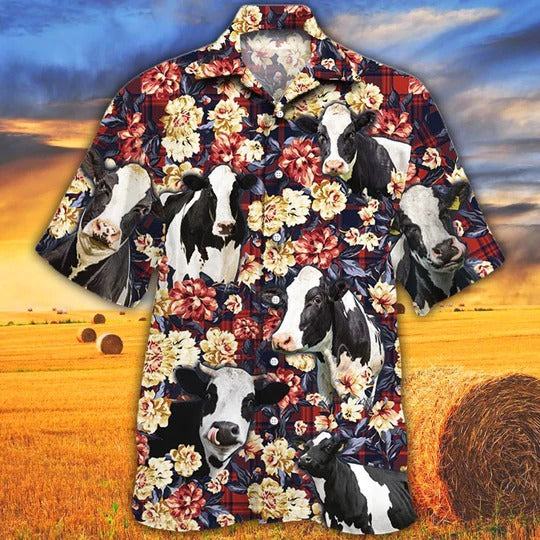 Holstein Friesian Cattle Lovers Red Plaid Pattern Hawaiian Shirt/ Unisex Print Aloha Short Sleeve Casual Shirt