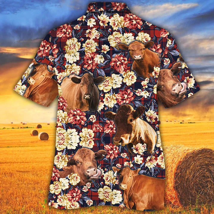 Red Angus Hawaiian Shirt/ Summer Hawaiian shirt/ Animal shirt/ Cow Cattle Green Plaid Pattern Hawaiian Shirt