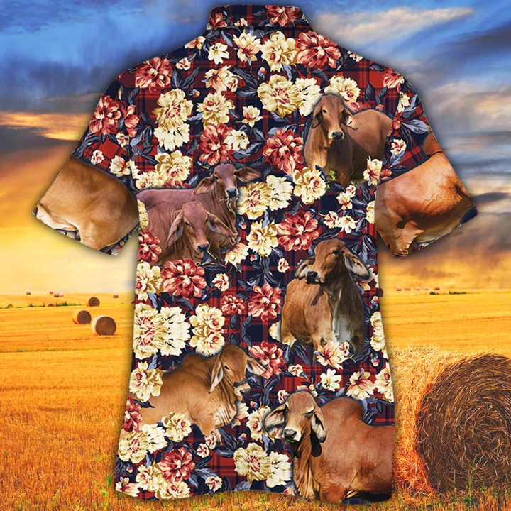 Red Brahman Cattle Red Plaid Hawaiian Shirt men/ Cow Hawaiian Shirt/ Summer Hawaiian shirt/ Animal shirt