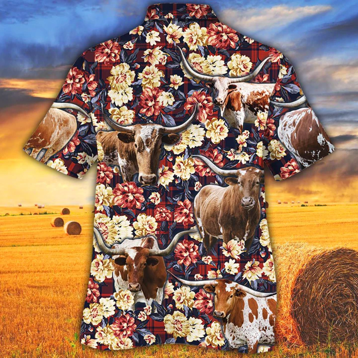 Tx Longhorn Cattle Red Plaid Pattern Hawaiian Shirt/ Cow Hawaiian Shirt Men/ Summer Hawaiian shirt/ Animal shirt