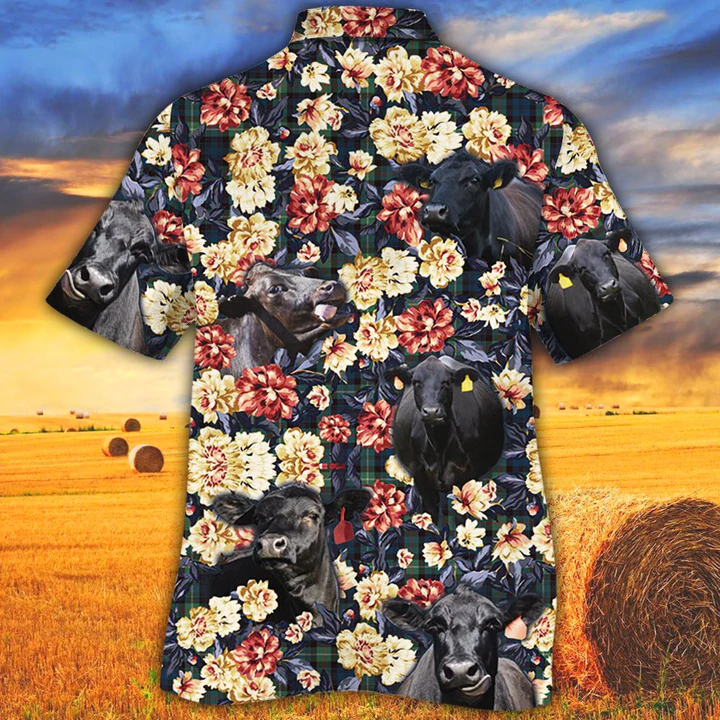 Black Angus Hawaiian shirt men/ Cow Cattle Green Plaid Pattern Hawaiian Shirt/ Summer Hawaiian shirt/ Animal shirt