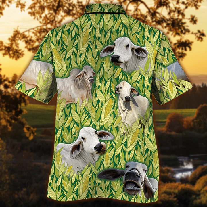 Vintage Farm Hawaiian Shirts for Men - Brahman Hawaiian Shirt/ Animals Button Down Mens Hawaiian Shirts