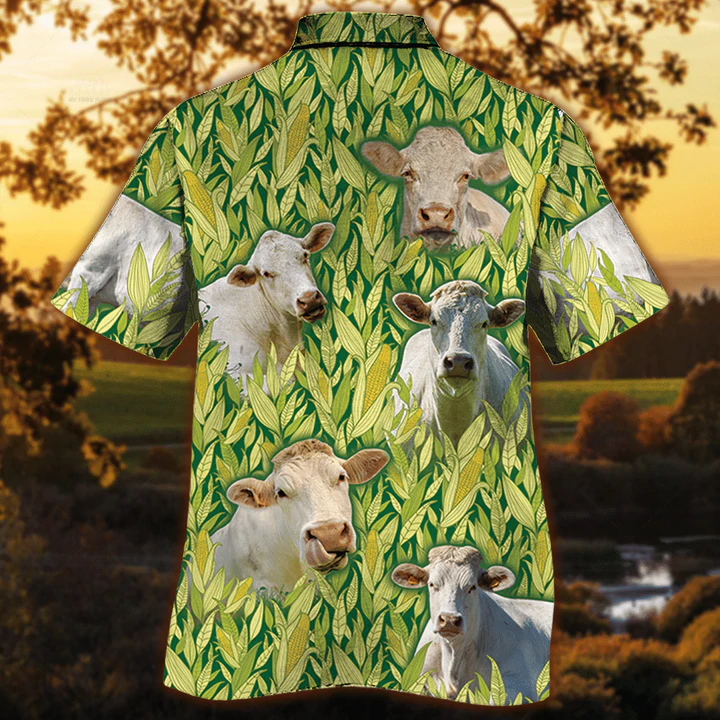 Charolais Cattle Hawaiian Shirt/ Vintage Farm Hawaiian Shirts for Men/ Animals Button Down Mens Hawaiian Shirts