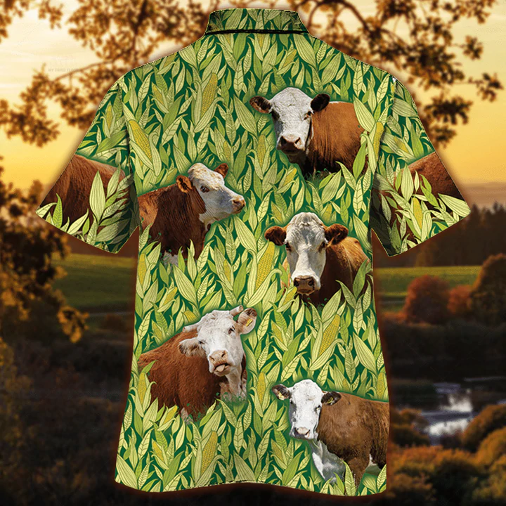 Hereford Cattle Hawaiian Shirt Men/ Cow lovers Short Sleeve Hawaiian Aloha Shirt