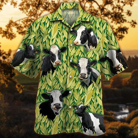 Holstein Friesian Cattle Lovers Corn Pattern Hawaiian Shirt/ Cow Hawaiian Aloha Beach Shirt