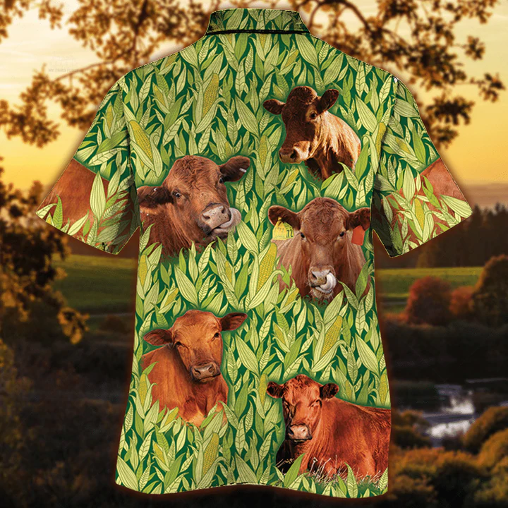 Red Angus Hawaiian Shirt/ Vintage Farm Hawaiian Shirts for Men/ Animals Button Down Mens Hawaiian Shirts