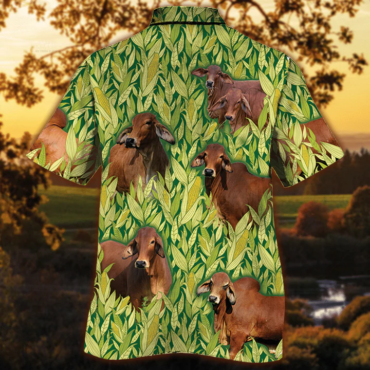 Red Brahman Cattle Lovers Corn Pattern Hawaiian Shirt/ Vintage Farm Hawaiian Shirts for Men