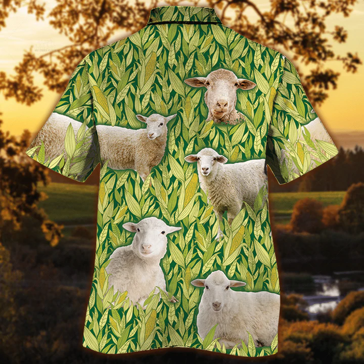 Sheep Lovers Corn Pattern Hawaiian Shirt/ Vintage Farm Hawaiian Shirts for Men - Animals Mens Hawaiian Shirts