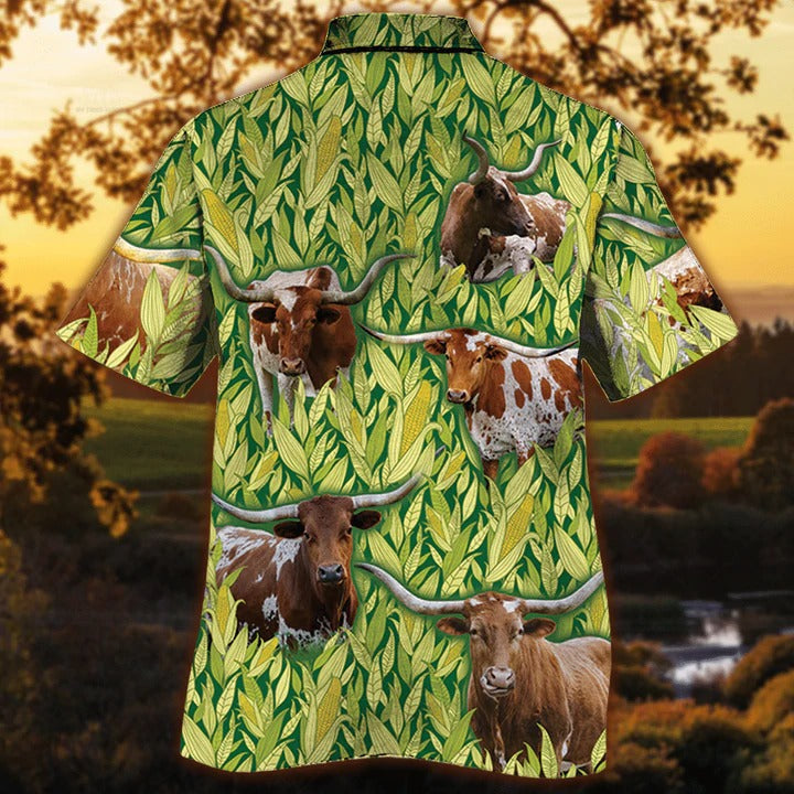 Tx Longhorn Cattle Lovers Corn Pattern Hawaiian Shirt/ Unisex Print Aloha Short Sleeve Casual Shirt