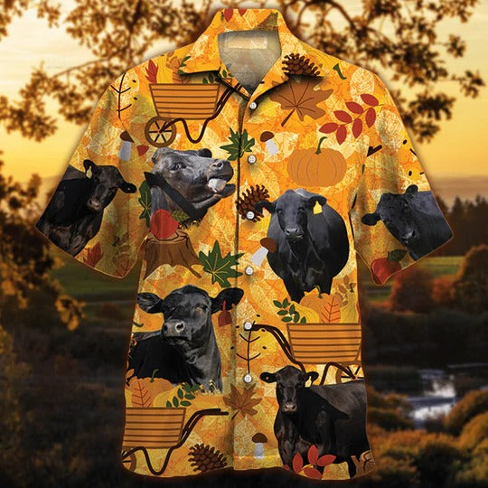 Black Angus Cattle Lovers Orange Nature Autumn Hawaiian Shirt/ Unisex Print Aloha Short Sleeve Casual Shirt
