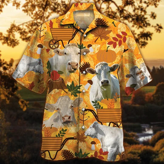 Charolais Cattle Lovers Orange Nature Autumn Hawaiian Shirt/ Unisex Print Aloha Short Sleeve Casual Shirt
