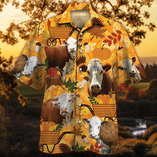 Hereford Cattle Lovers Orange Nature Autumn Hawaiian Shirt/ Unisex Print Aloha Short Sleeve Casual Shirt