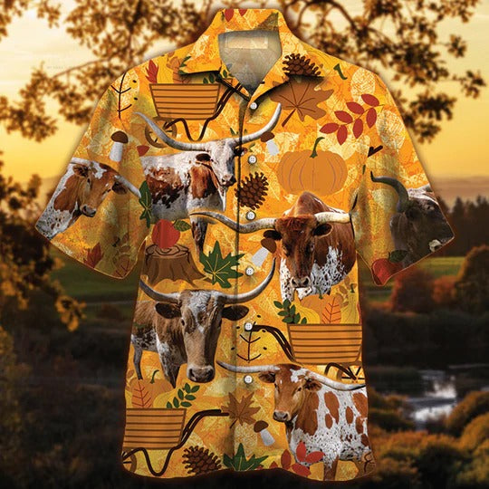 Tx Longhorn Cattle Lovers Orange Nature Autumn Hawaiian Shirt/ Unisex Print Aloha Short Sleeve Casual Shirt