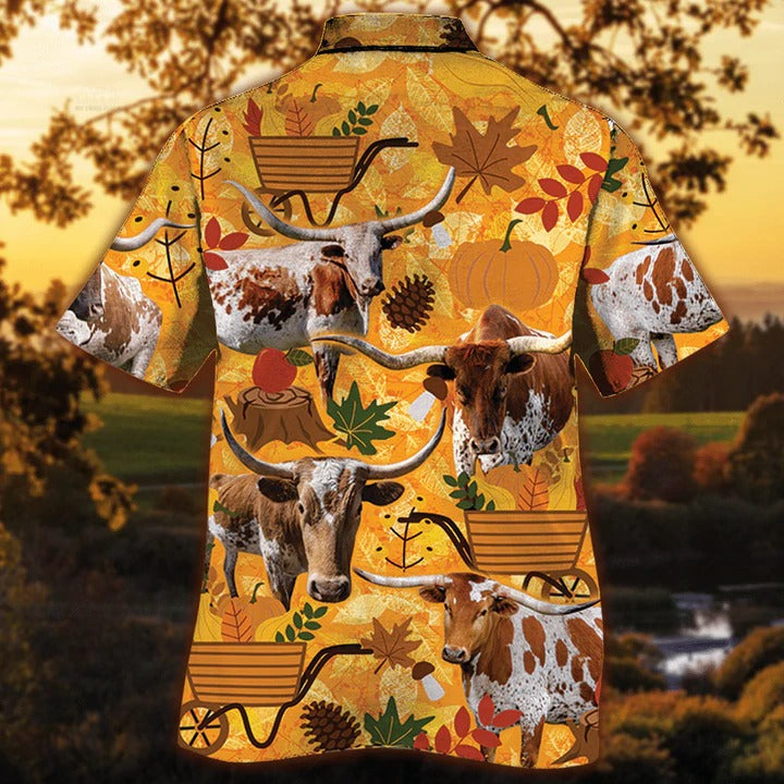 Tx Longhorn Cattle Lovers Orange Nature Autumn Hawaiian Shirt/ Unisex Print Aloha Short Sleeve Casual Shirt