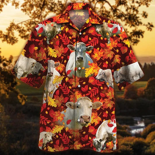 Charolais Cattle Lovers Autumn Red Leaves Hawaiian Shirt/ Unisex Print Aloha Short Sleeve Casual Shirt