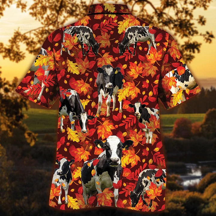 Holstein Friesian Cattle Lovers Autumn Red Leaves Hawaiian Shirt/ Unisex Print Aloha Short Sleeve Casual Shirt