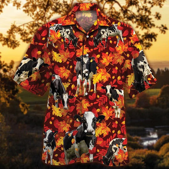 Holstein Friesian Cattle Lovers Autumn Red Leaves Hawaiian Shirt/ Unisex Print Aloha Short Sleeve Casual Shirt