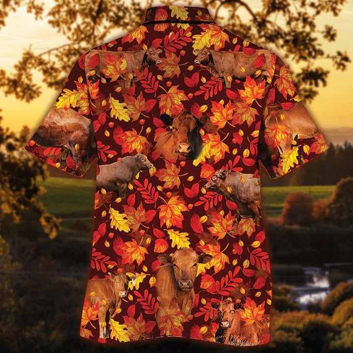 Red Angus Cattle Lovers Autumn Red Leaves Hawaiian Shirt/ Unisex Print Aloha Short Sleeve Casual Shirt