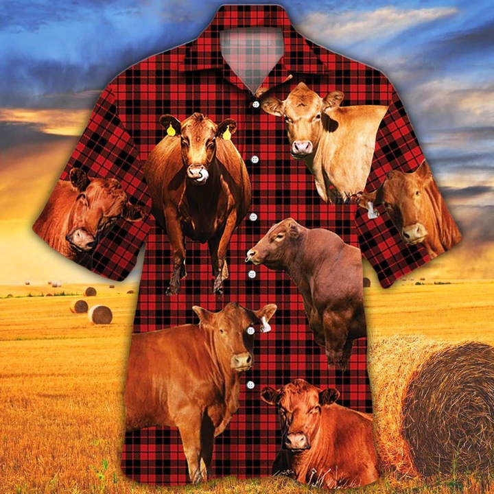 Red Angus Cattle Lovers Red Tartan Pattern Hawaiian Shirt - Animal hawaiian shirt/ Cow Aloha Shirt/ Gift For Cow Lovers