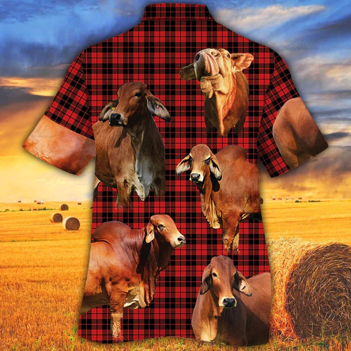 Red Brahman Cattle Lovers Red Tartan Pattern Hawaiian Shirt - Animal hawaiian shirt/ Cow Aloha Shirt/ Gift For Cow Lovers