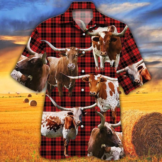 Tx Longhorn Cattle Lovers Red Tartan Pattern Hawaiian Shirt/ Unisex Print Aloha Short Sleeve Casual Shirt