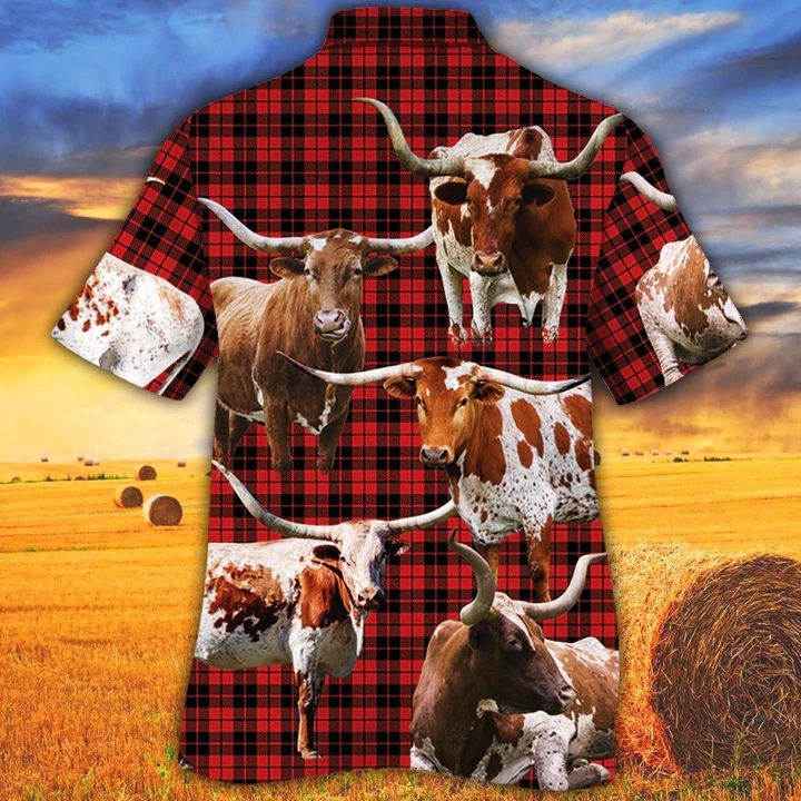 Tx Longhorn Cattle Lovers Red Tartan Pattern Hawaiian Shirt / Cow Aloha Shirt/ Gift For Cow Lovers