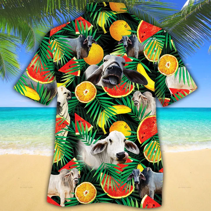 Brahman Cattle Lovers Tropical Fruits Hawaiian Shirt- Cow Aloha Shirt/ Gift For Cow Lovers