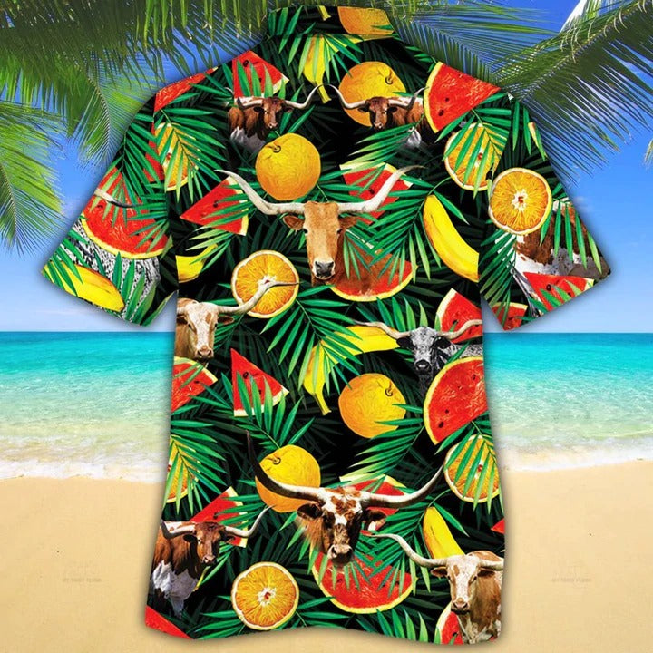 Tx Longhorn Cattle Lovers Tropical Fruits Hawaiian Shirt/ Unisex Print Aloha Short Sleeve Casual Shirt