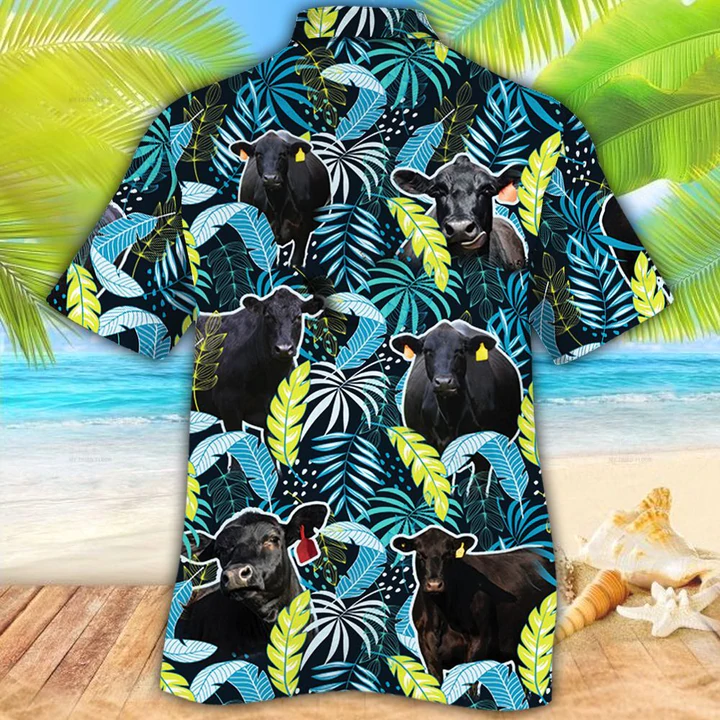 Black Angus Cattle Lovers Jungle Leaves Hawaiian Shirt/ Hawaiian shirt Men/ Women