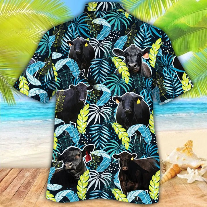 Black Angus Cattle Lovers Jungle Leaves Hawaiian Shirt/ Unisex Print Aloha Short Sleeve Casual Shirt
