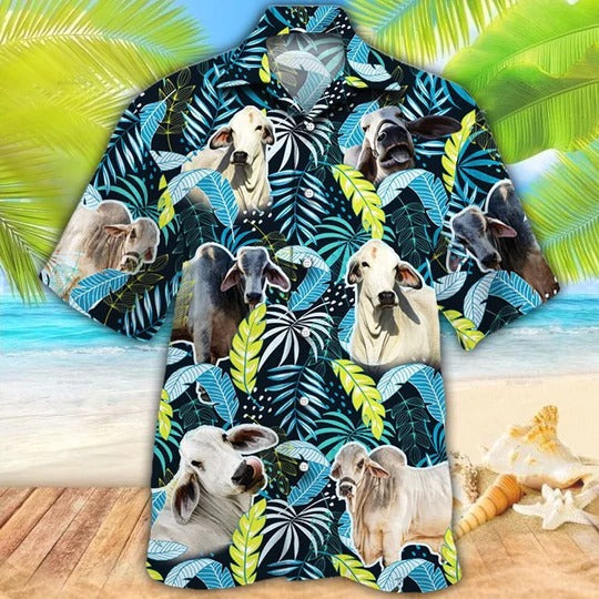 Brahman Cattle Lovers Jungle Leaves Hawaiian Shirt/ Unisex Print Aloha Short Sleeve Casual Shirt