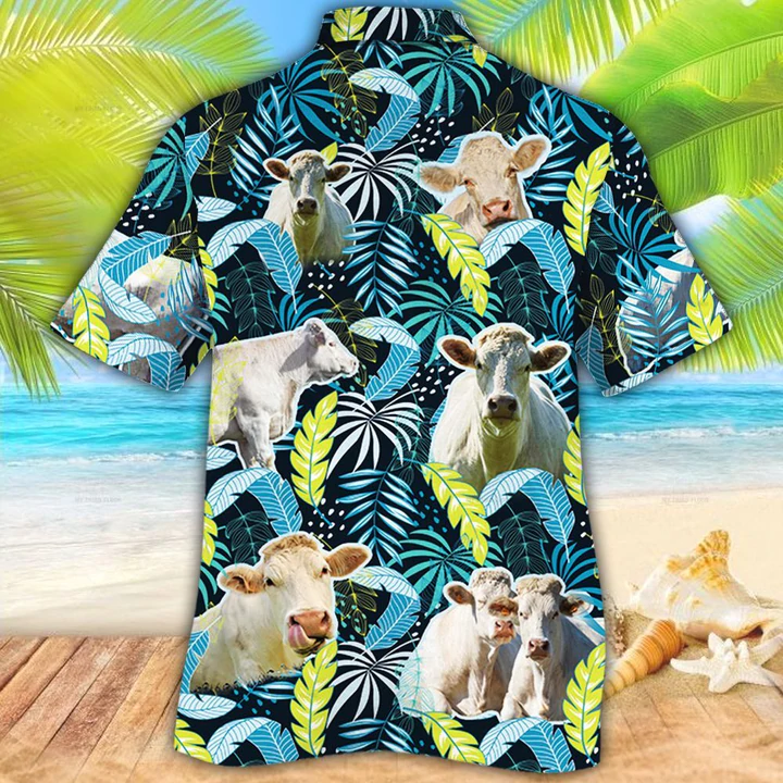 Charolais Cattle Lovers Jungle Leaves Hawaiian Shirt/ Cow Flower aloha shirt/ Hawaiian shirt Men/ Women