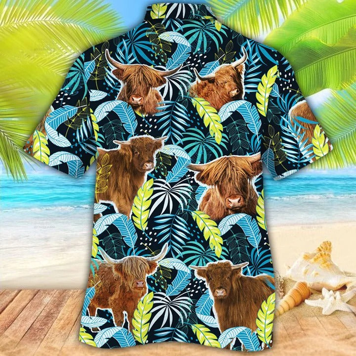 Highland Cattle Lovers Jungle Leaves Hawaiian Shirt/ Unisex Print Aloha Short Sleeve Casual Shirt