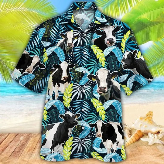 Holstein Friesian Cattle Lovers Jungle Leaves Hawaiian Shirt/ Unisex Print Aloha Short Sleeve Casual Shirt