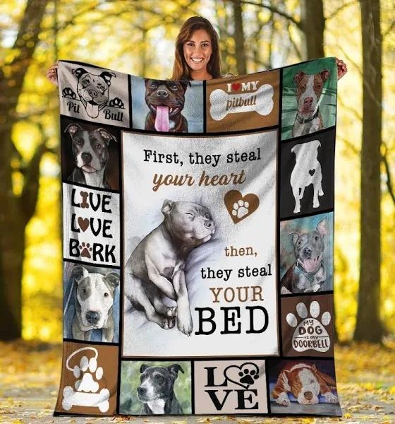 First They Steal Your Heart Pitbull Dog Fleece Blanket Gift For People Home Decor Bedding Couch Sofa Soft And Comfy Cozy