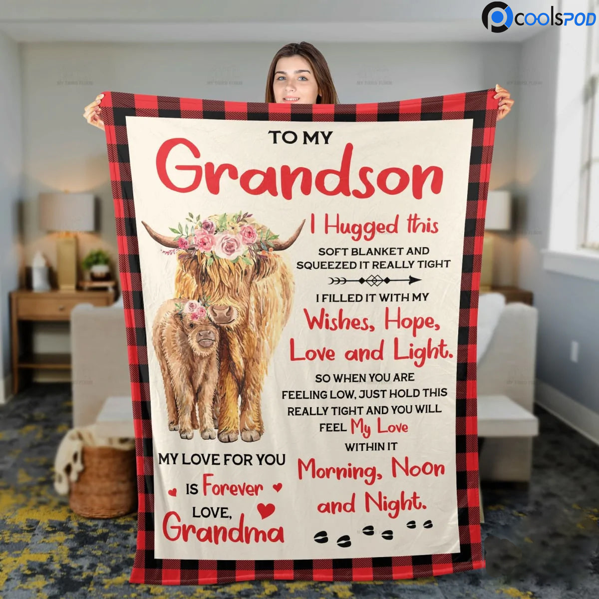 From Grandma To Grandson Blanket/ Grandson Highland Cattle Lovers Premium Blankets/ Family Cow Fleece Sherpa Blankets
