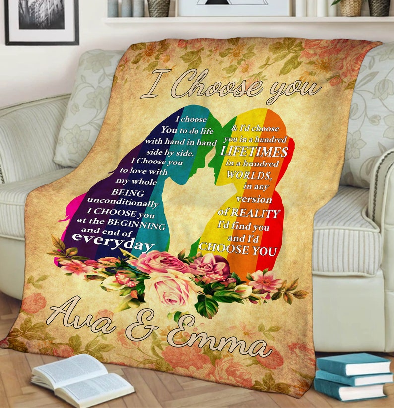 Personalized Pride Blanket For Lesbian/ I Choose You Lgbt Rainbow Floral Blanket/ Gift For Couple Lesbian