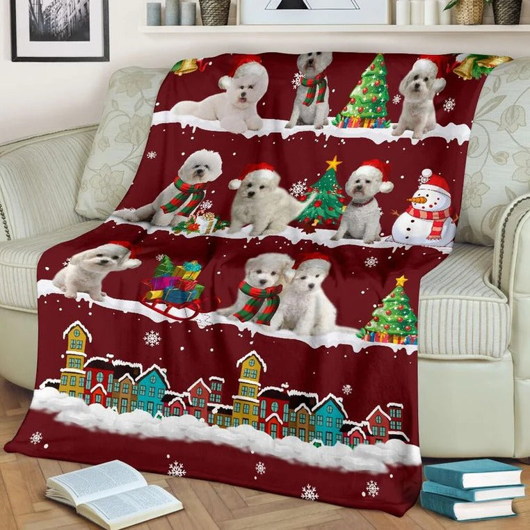 Cute Bichon Frise Christmas Red Blanket Gift for Dog Lovers Birthday Gift Home Decor Bedding Couch Sofa Soft and Comfy Cozy