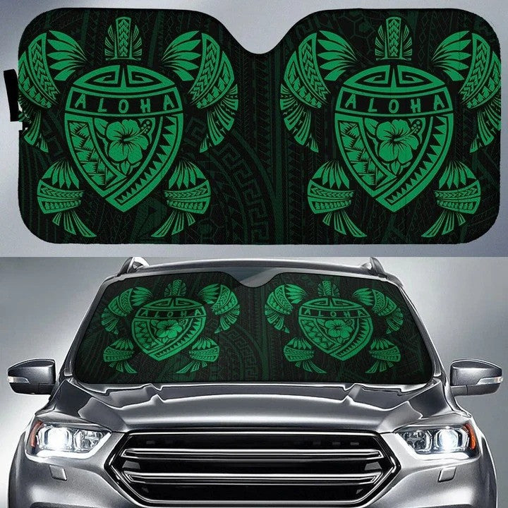 Cyan Green Hawaii Map Turtle Ohana Hibiscus Kakau Polynesian Car Sun Shade Cover Auto Windshield Coolspod