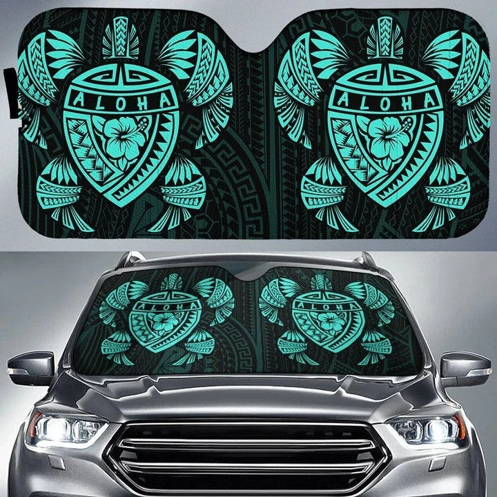 Turquoise Hawaii Map Turtle Ohana Hibiscus Kakau Polynesian Printed Car Sun Shade Cover Auto Windshields Coolspod