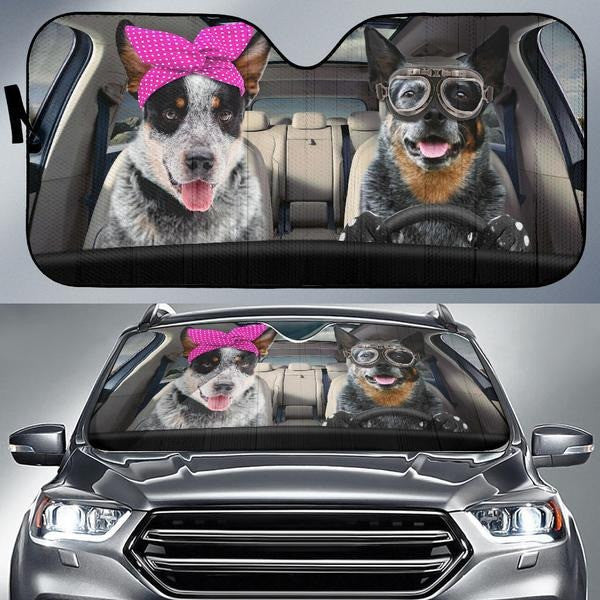 Couple Australian Cattle Dog Driving Printed Car Sun Shade Cover Auto Windshield Coolspod