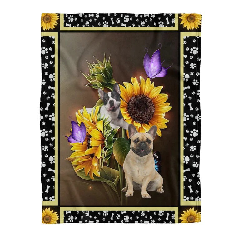 French Bulldog Blanket/ French Bulldog Dog dark sunflower With Butterfly Fleece Blanket