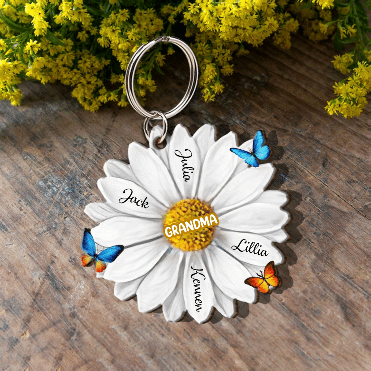 Personalized Grandma Anh Grandkids Name Flower Keychain/ Custom Names Acrylic & Wooden Keychain