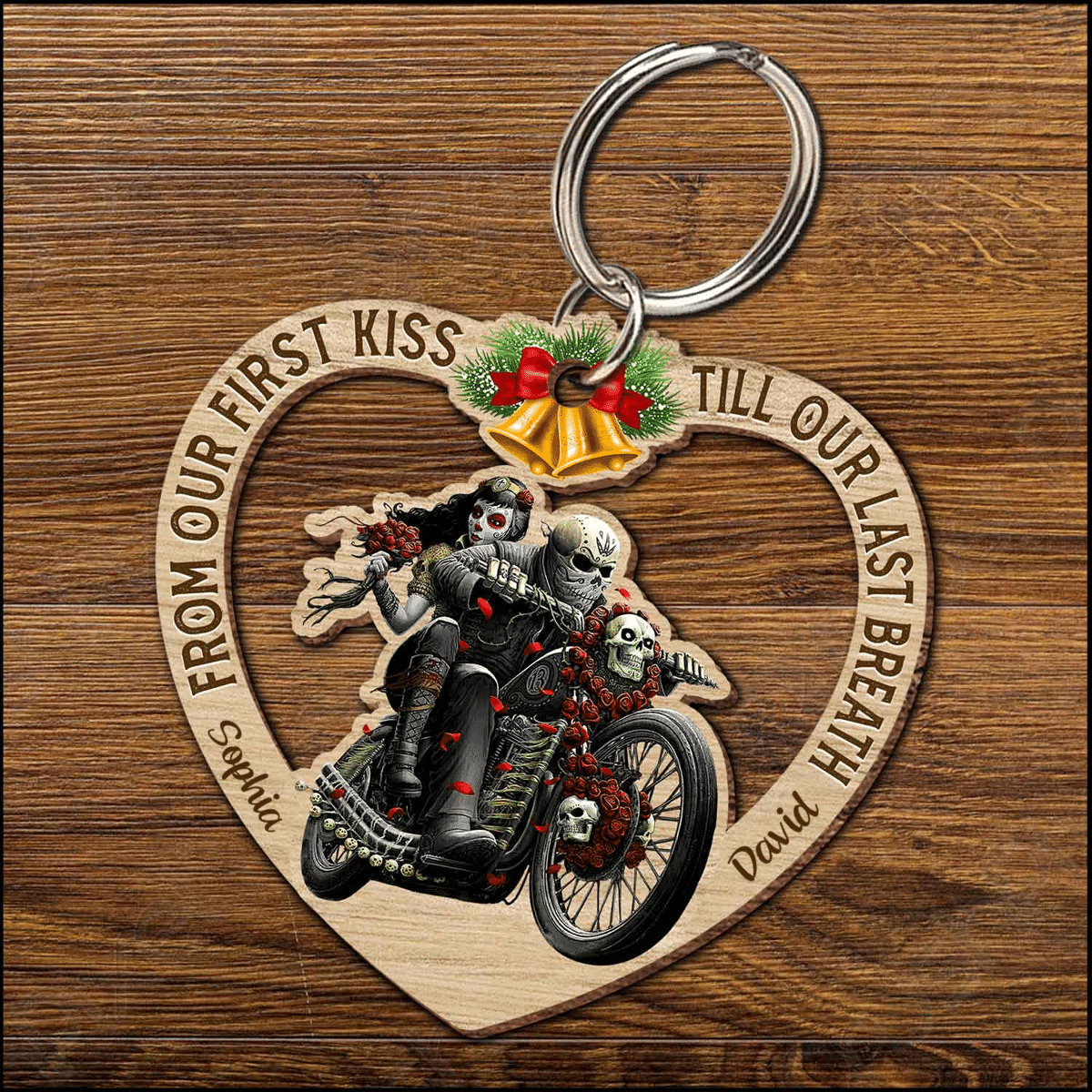 Skull Biker Wooden Couple Keychain/ From Our First Kiss Keychain for Husband/ Boyfriend