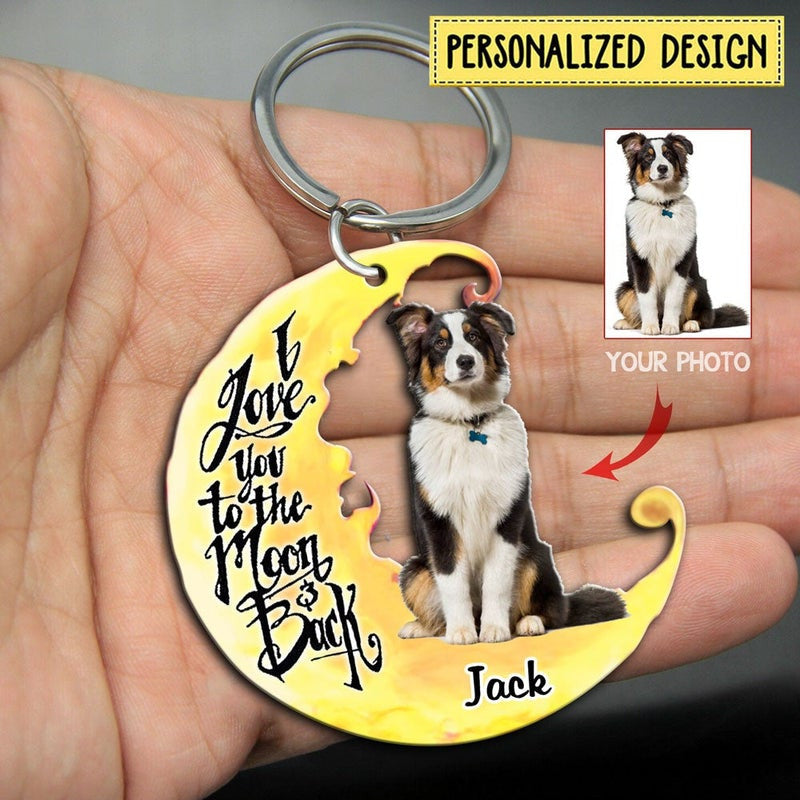 Personalized Dog Keychain/ I Love You To The Moon & Back Flat Wooden Keychain/ Custom Pet Photo