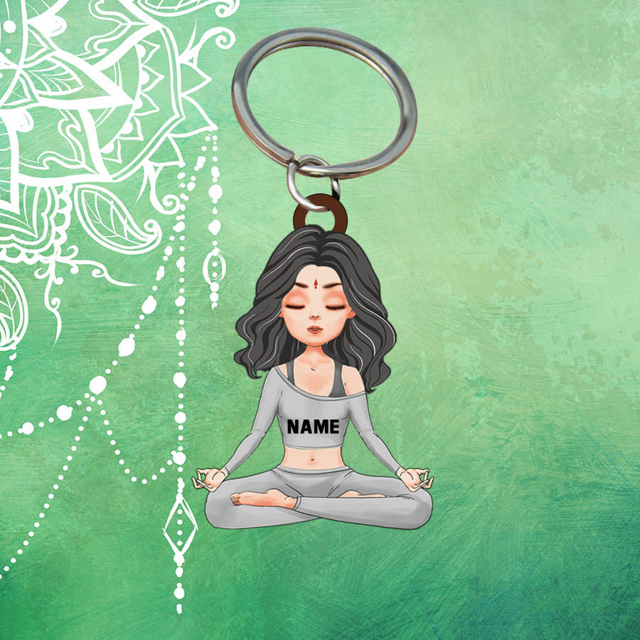 Personalized Yoga Girl Keychain/ Custom Name Flat Acrylic Keychain for Yoga Lovers