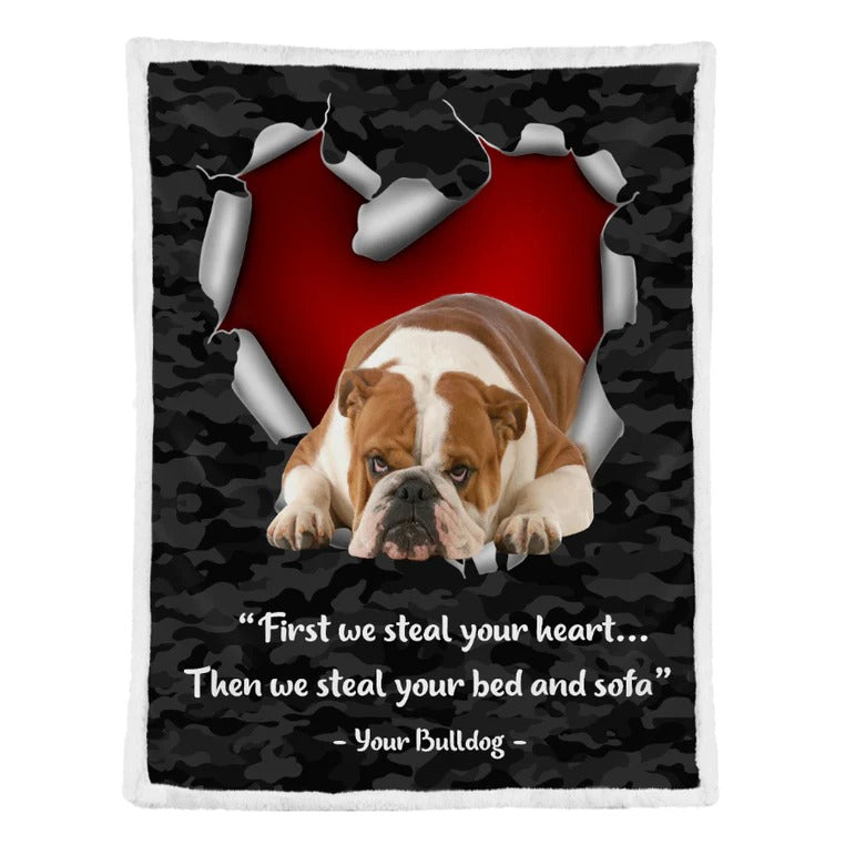 Bulldog Blanket/ First We Steal Your Heart Then We Steal Your Bed And Sofa/ Dog Lover Blankets